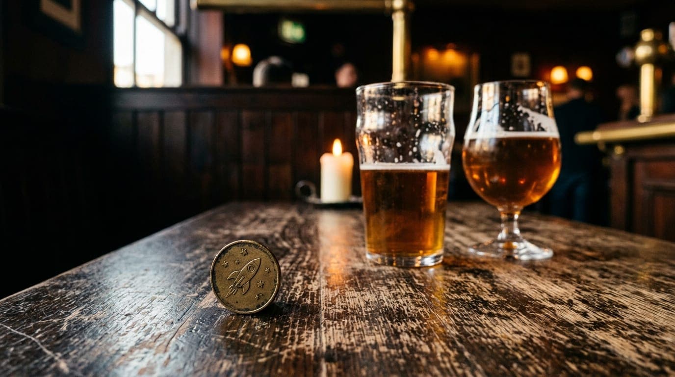 A low-lit corner booth in a dark tavern features a single vintage arcade token resting on a scarred wooden table next to t...