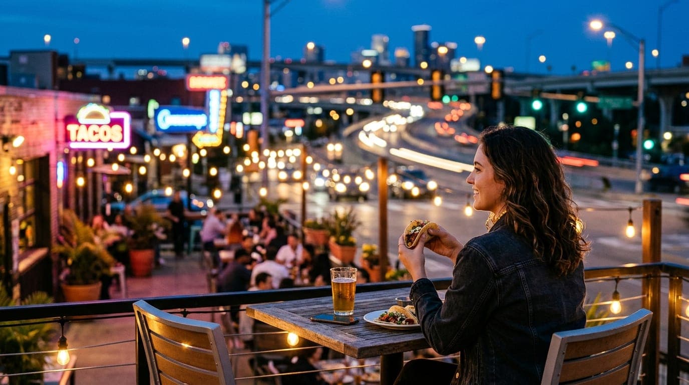 A woman sits on a Highland-area patio at dusk, holding a taco, with blurred suburban neon signs and distant highway overpa...