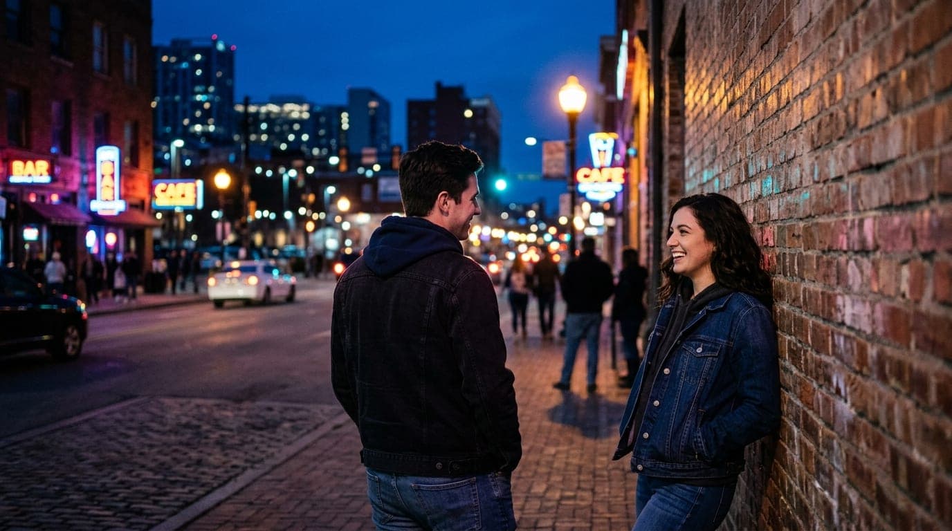 A couple in clean Western denim and a hoodie leans against a weathered brick wall on Abram Street. Blue hour city lights s...