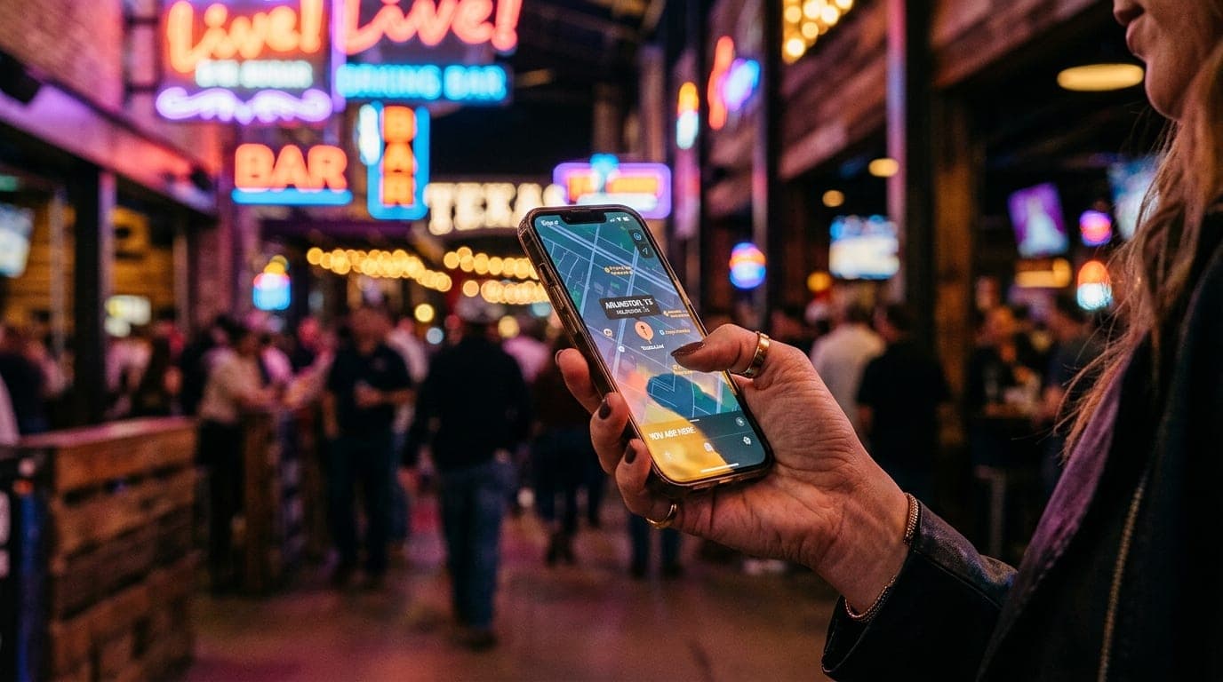 Low-angle macro shot of a woman’s hand holding a modern smartphone showing a live location map, illuminated by the vibrant...