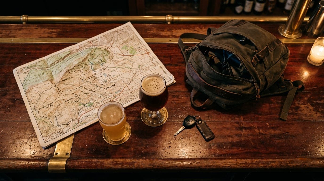 An overhead flat-lay of a mahogany bar top at dusk. A topographical map of Arvada lies beside two glasses of craft beer, a...