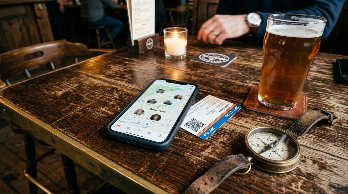 Overhead flat-lay on a scarred wooden table at a brewery. A smartphone displays a Tinder map centered on Olde Town, beside...