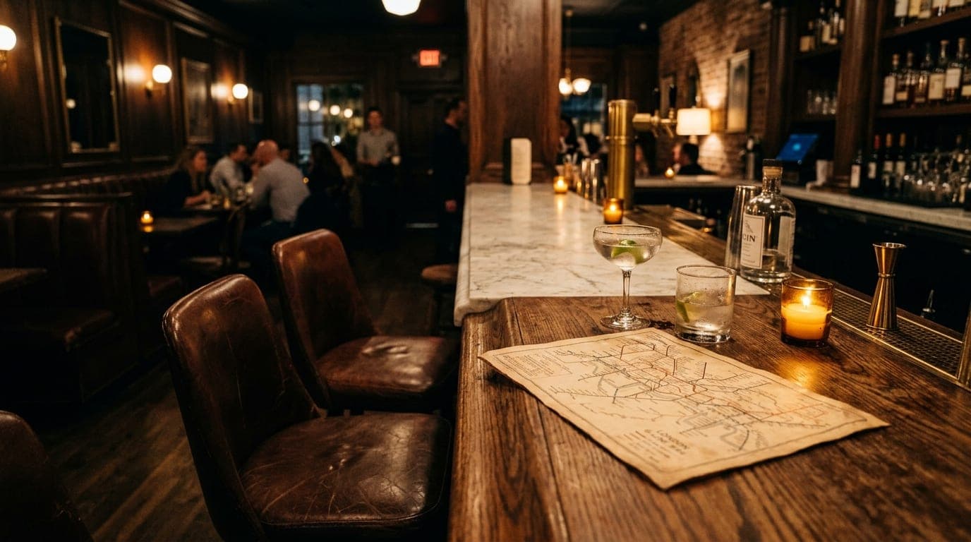 A wide 35mm shot inside a dimly lit Olde Town speakeasy. Two empty leather barstools face a marble counter, two half-poure...
