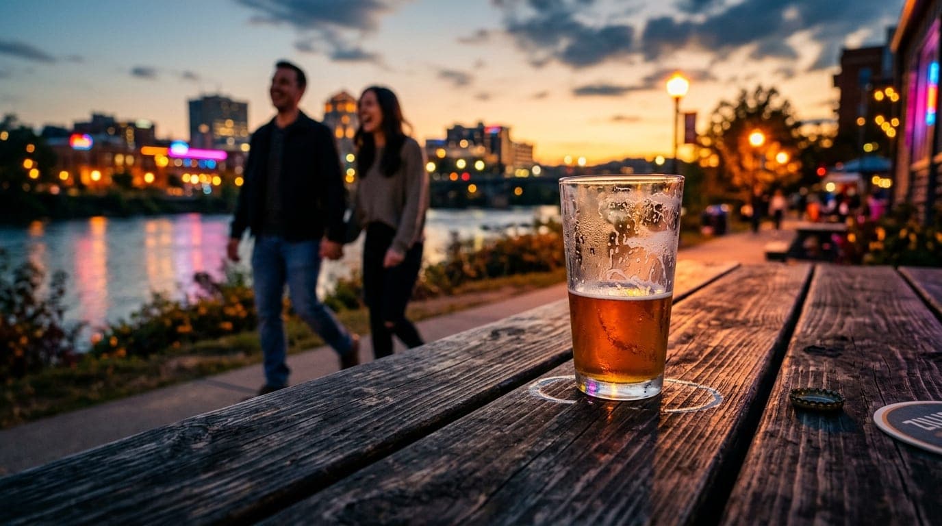 Tilt-shift selective focus captures a half-empty craft beer glass on a weathered picnic table at Zillicoah. In the soft-fo...