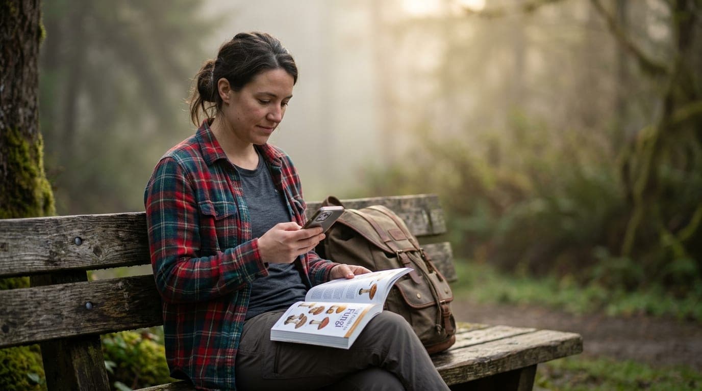 An 85mm portrait captures a woman in a flannel shirt sitting on a weathered bench at a trailhead, holding a field guide to...