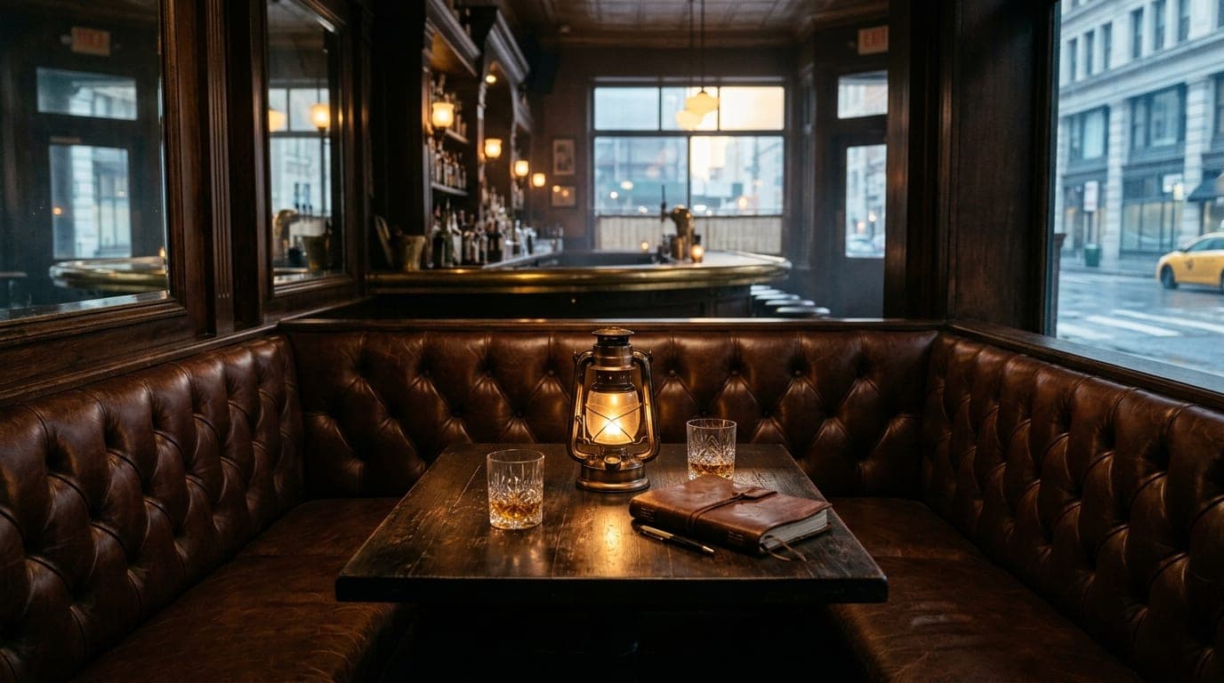 A centered 24mm wide-angle shot of a dim, leather-tufted booth inside a speakeasy. A vintage brass lantern sits beside two...