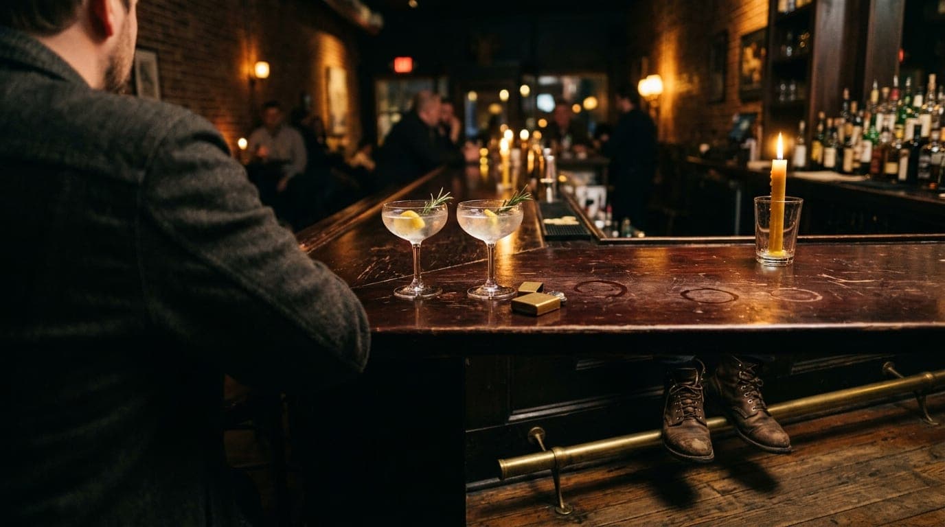 An over-the-shoulder view at a dimly lit West Asheville cocktail bar. A worn pair of leather boots rests beneath two half-...