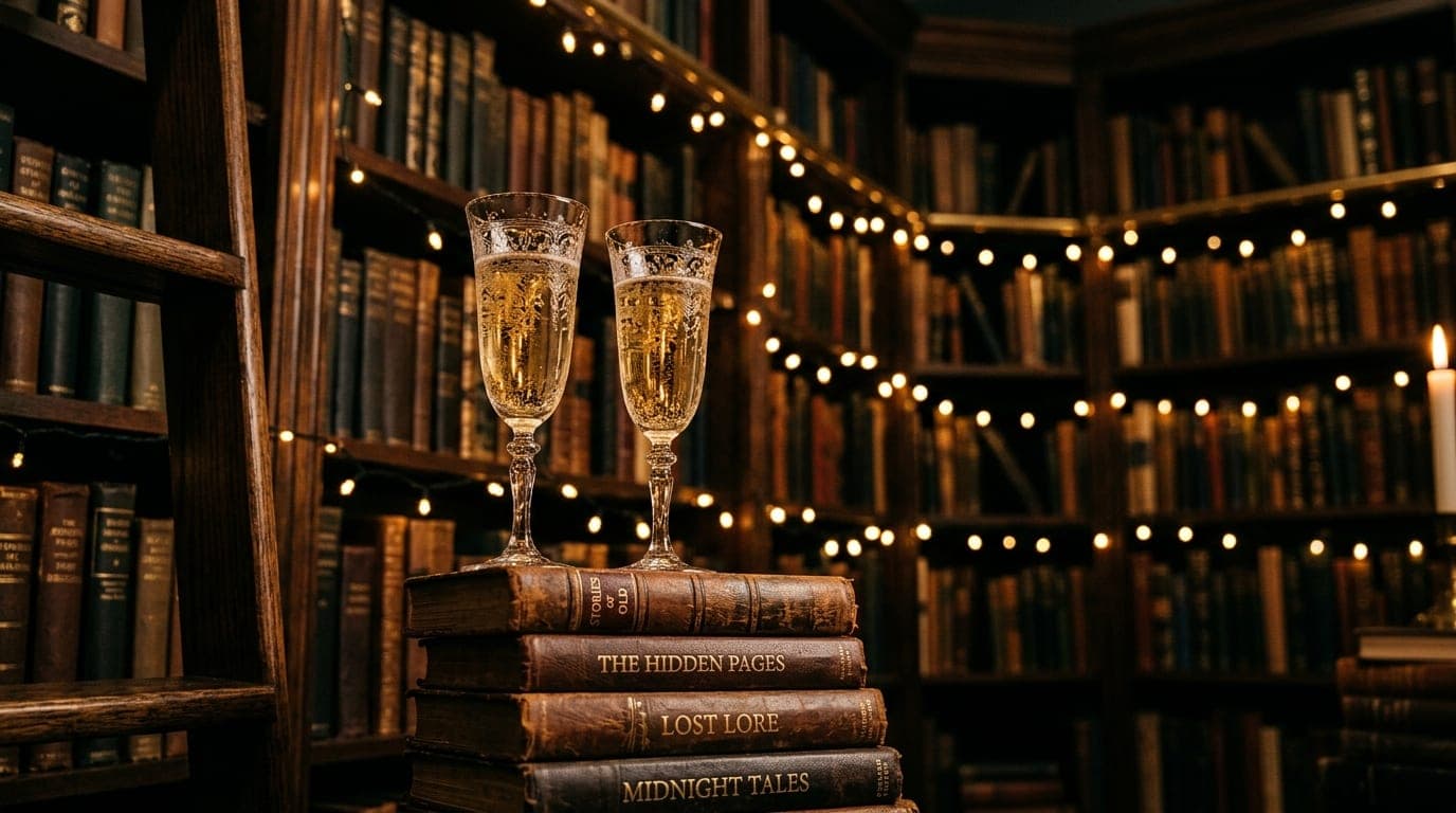 A low-angle macro shot inside a vintage bookstore. Two ornate champagne flutes sit atop a stack of leather-bound novels, r...