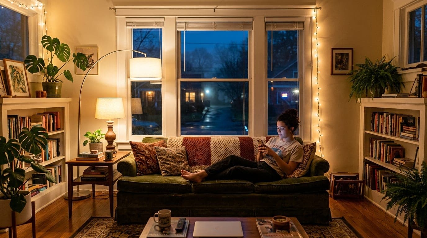 A wide, symmetrical shot of a glowing, cozy living room in Normaltown at 8:30 PM. A woman in a vintage t-shirt reclines on...