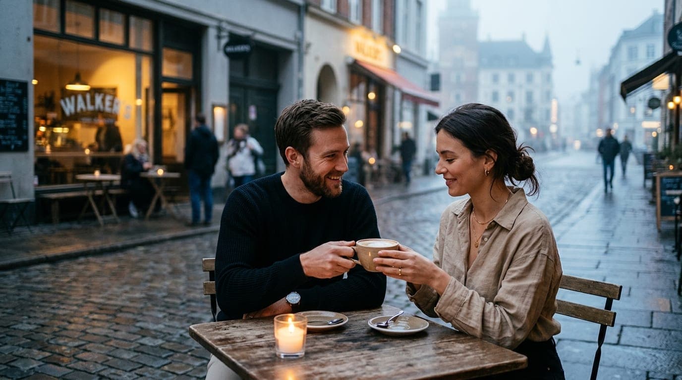 A medium shot from a low angle captures a couple sharing a latte at a sidewalk table at Walker’s. The woman wears a linen...