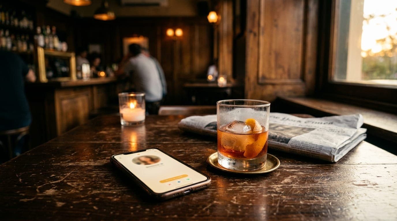 A dim, wood-paneled corner of an Athens cocktail bar at dusk. A smartphone displaying a Feeld profile sits next to a half-...