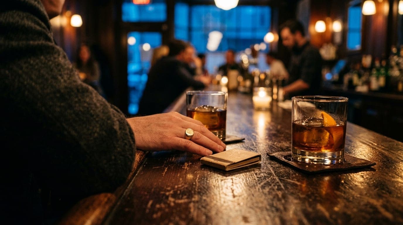 Over-the-shoulder 100mm macro shot at Manhattan Cafe. Two glasses of bourbon sit on a scarred, dark wood bar top. Blue hou...