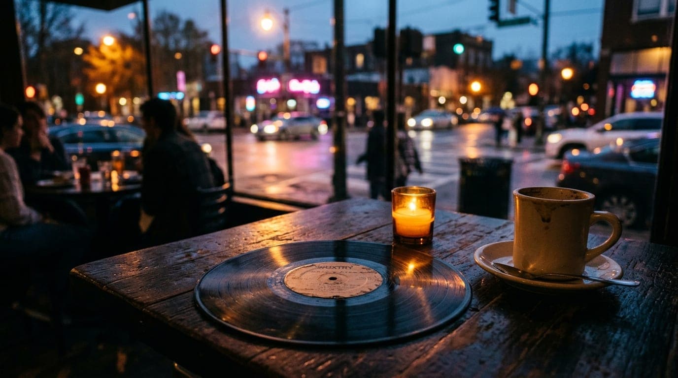 A medium shot, centered and symmetric, features a weathered vinyl record from Wuxtry resting on a dimly lit wooden table n...