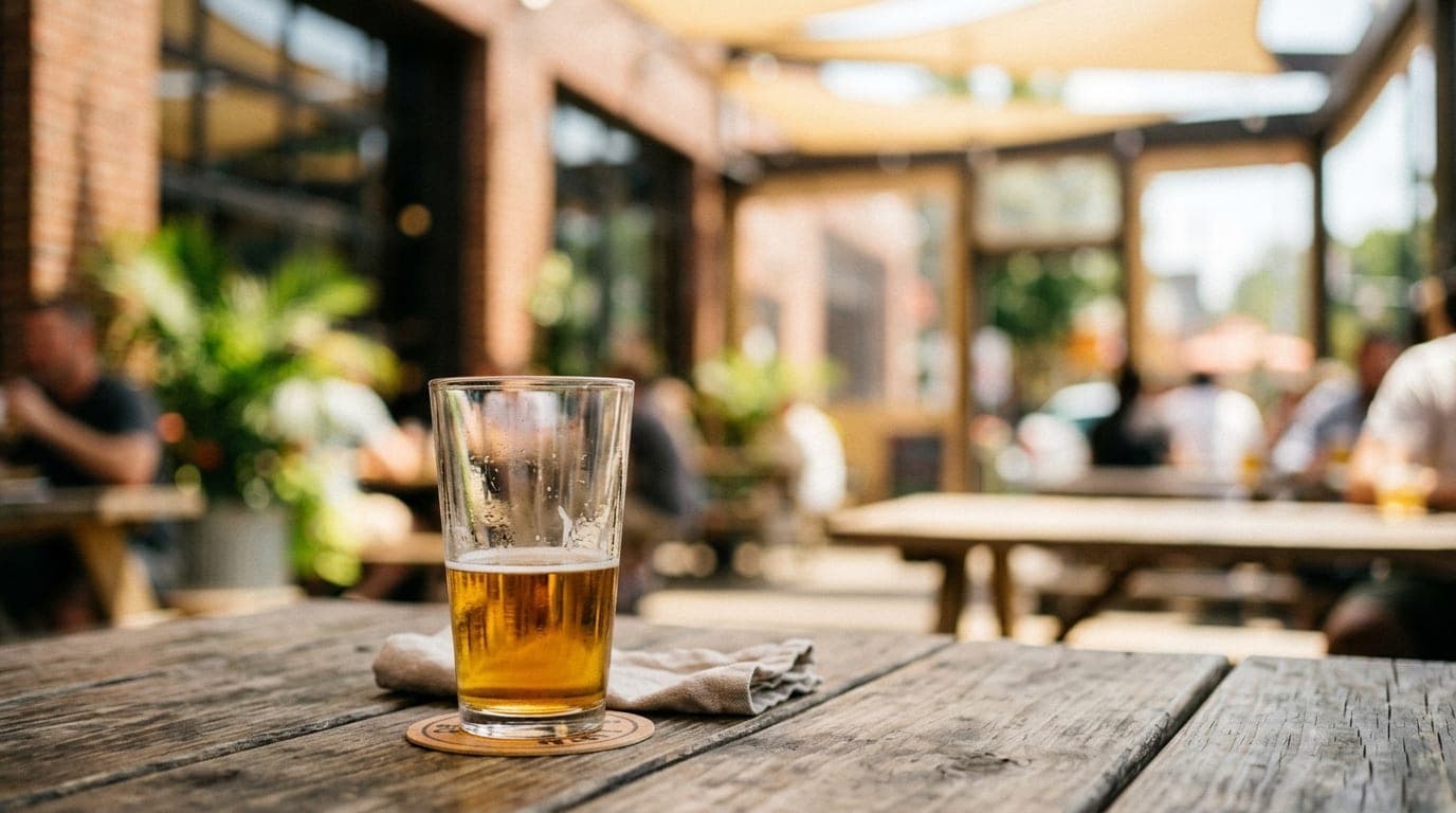 A close-up, 50mm shot at noon shows a half-drunk craft beer glass on a weathered patio table at Creature Comforts, with th...