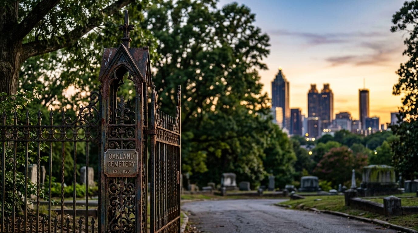 A weathered, ornate iron gate at Oakland Cemetery stands in sharp focus on the left, foregrounding a softly blurred, golde...