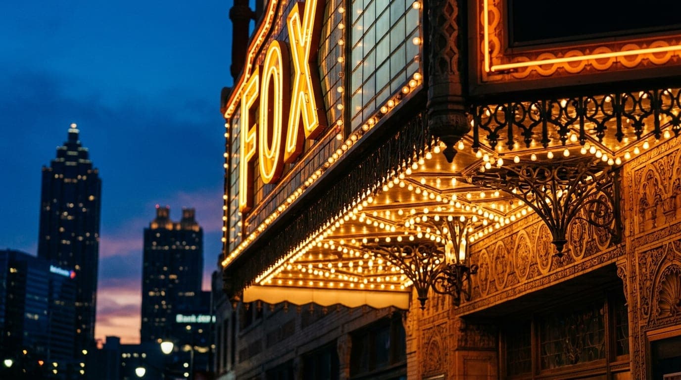 A tight 100mm macro shot of the Fox Theatre’s intricate, illuminated marquee letters at blue hour. The ornate architectura...