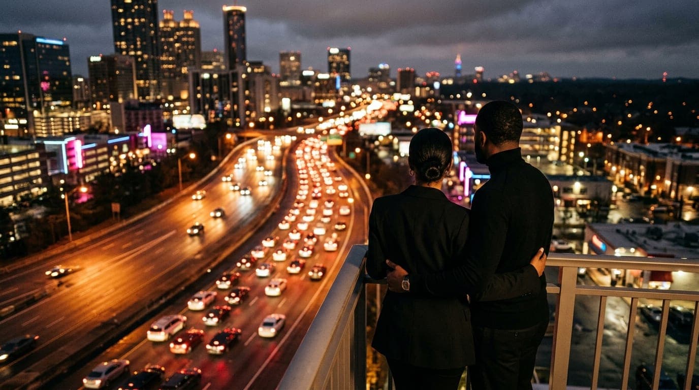 A couple stands on a balcony overlooking the glowing I-285 perimeter at night. The man wears a sleek black turtleneck, the...