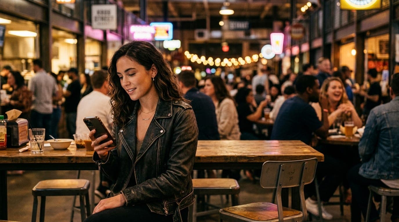 An 85mm portrait captures a woman in a leather jacket sitting at a crowded Krog Street Market communal table. She holds a...