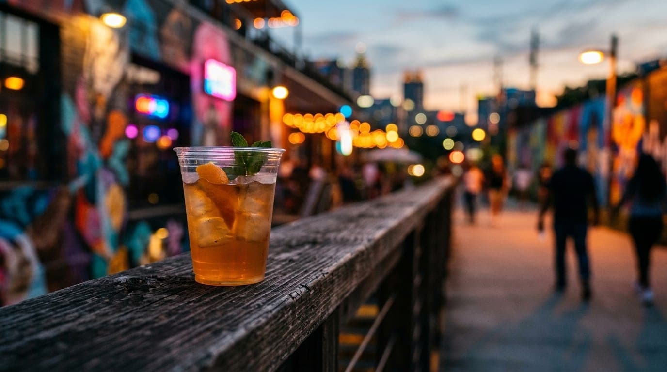 A tilt-shift, selective focus shot of a sleek cocktail in a plastic cup resting on a wooden Beltline railing, with vibrant...