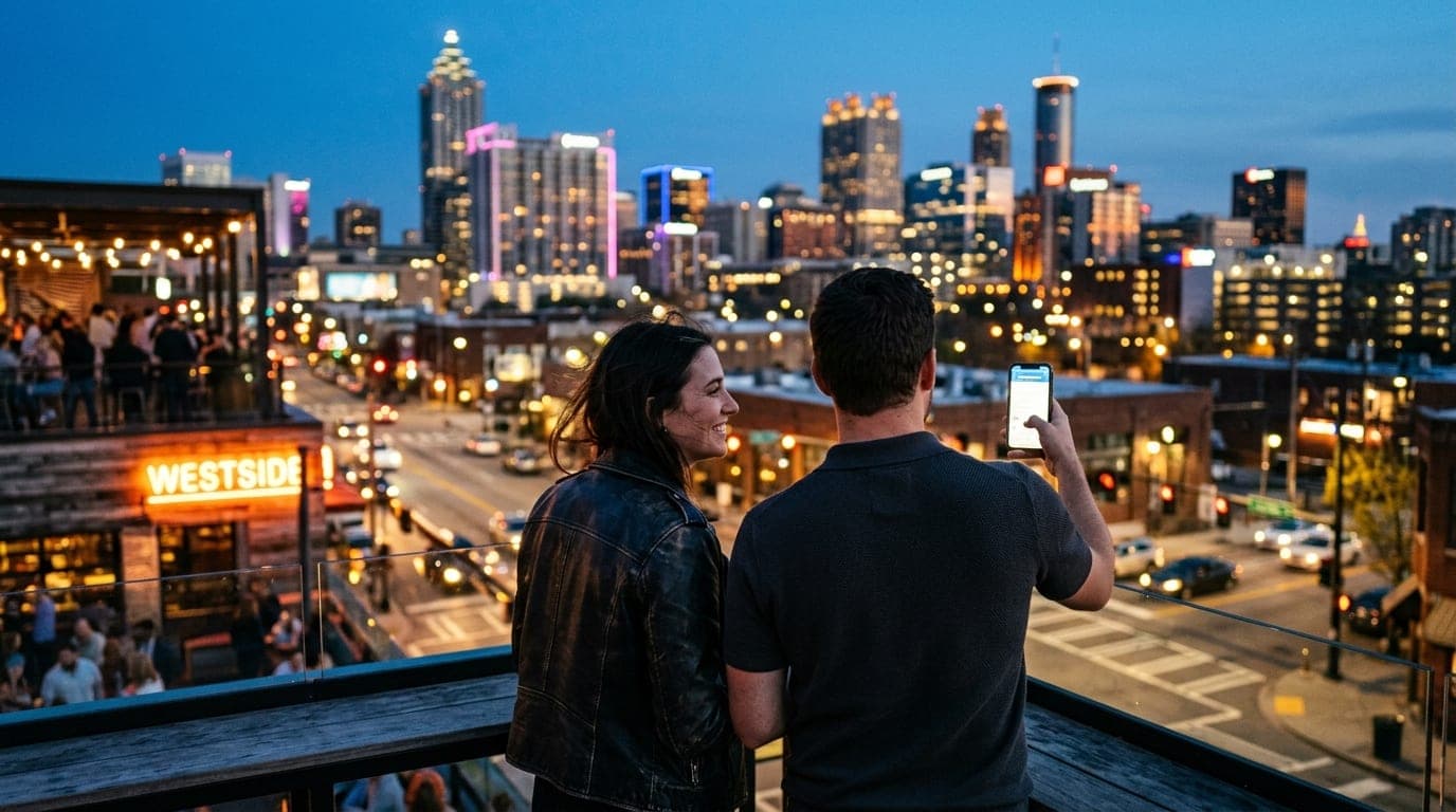 A couple stands on a Westside Provisions rooftop, blue hour light hitting the Atlanta skyline. The woman wears a leather j...