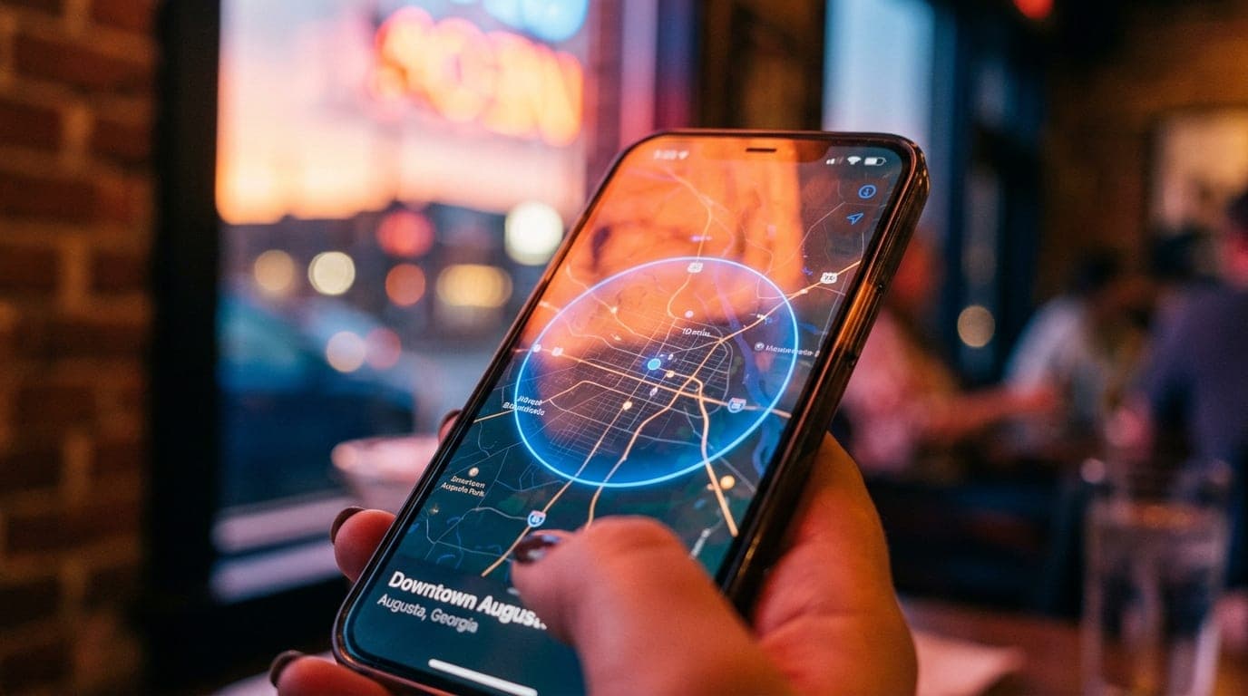 100mm macro shot, tight crop filling the frame with a glowing smartphone screen displaying a precise 10-mile radius map ov...