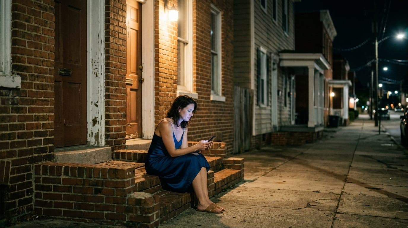 A woman in a silk slip dress sits alone on a weathered brick stoop in downtown Augusta at night, softly illuminated by a w...