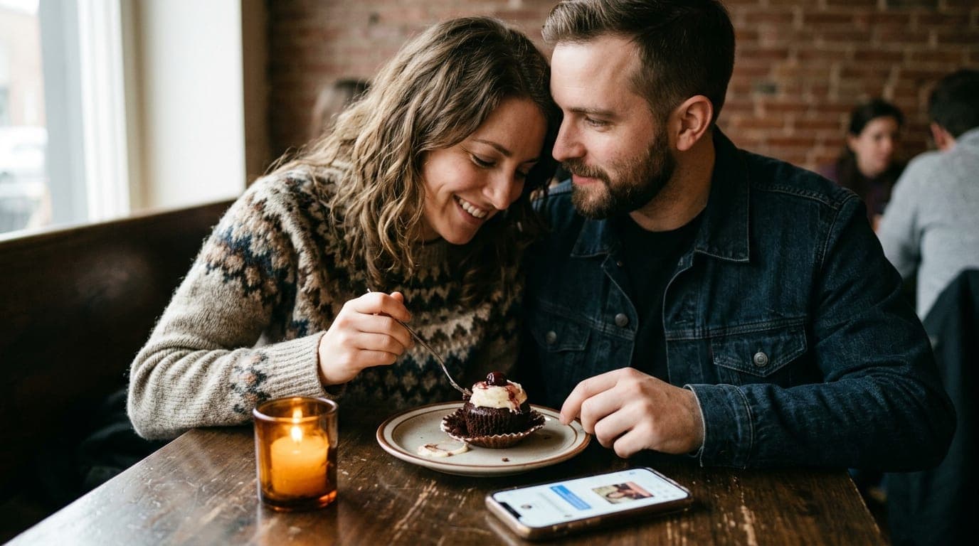 Medium shot, candle-lit interior. A couple sits in a dim booth at Vance’s Bakery Bar, sharing a spiked cupcake. A smartpho...