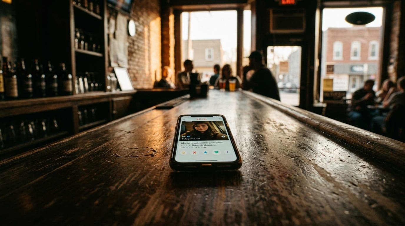 A 24mm wide-angle shot centers on a glowing smartphone displaying a Tinder profile resting on a dark, scratched wooden bar...