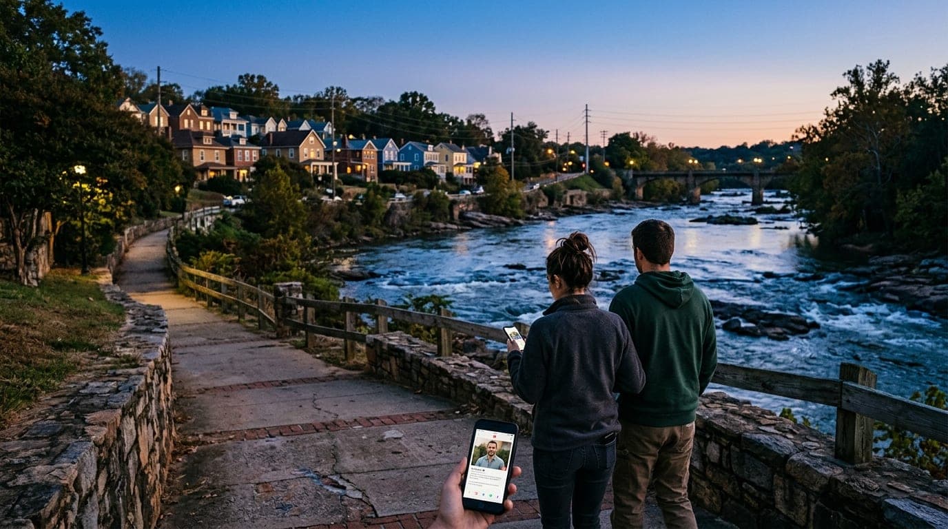 An over-the-shoulder view of a couple walking along the Savannah River Rapids trail at blue hour. A glowing Tinder profile...
