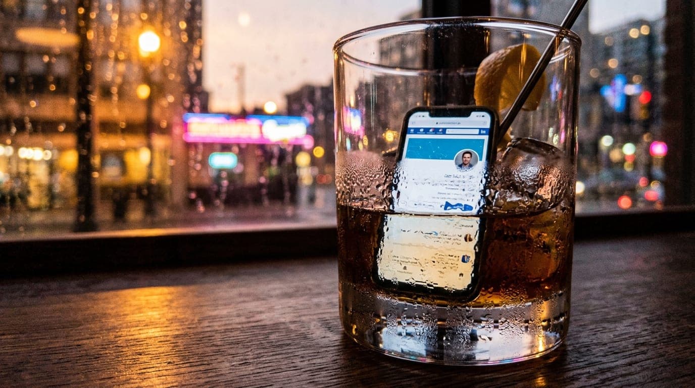 A close-up 100mm macro shot captures an unlocked smartphone displaying a LinkedIn profile reflected in the condensation of...