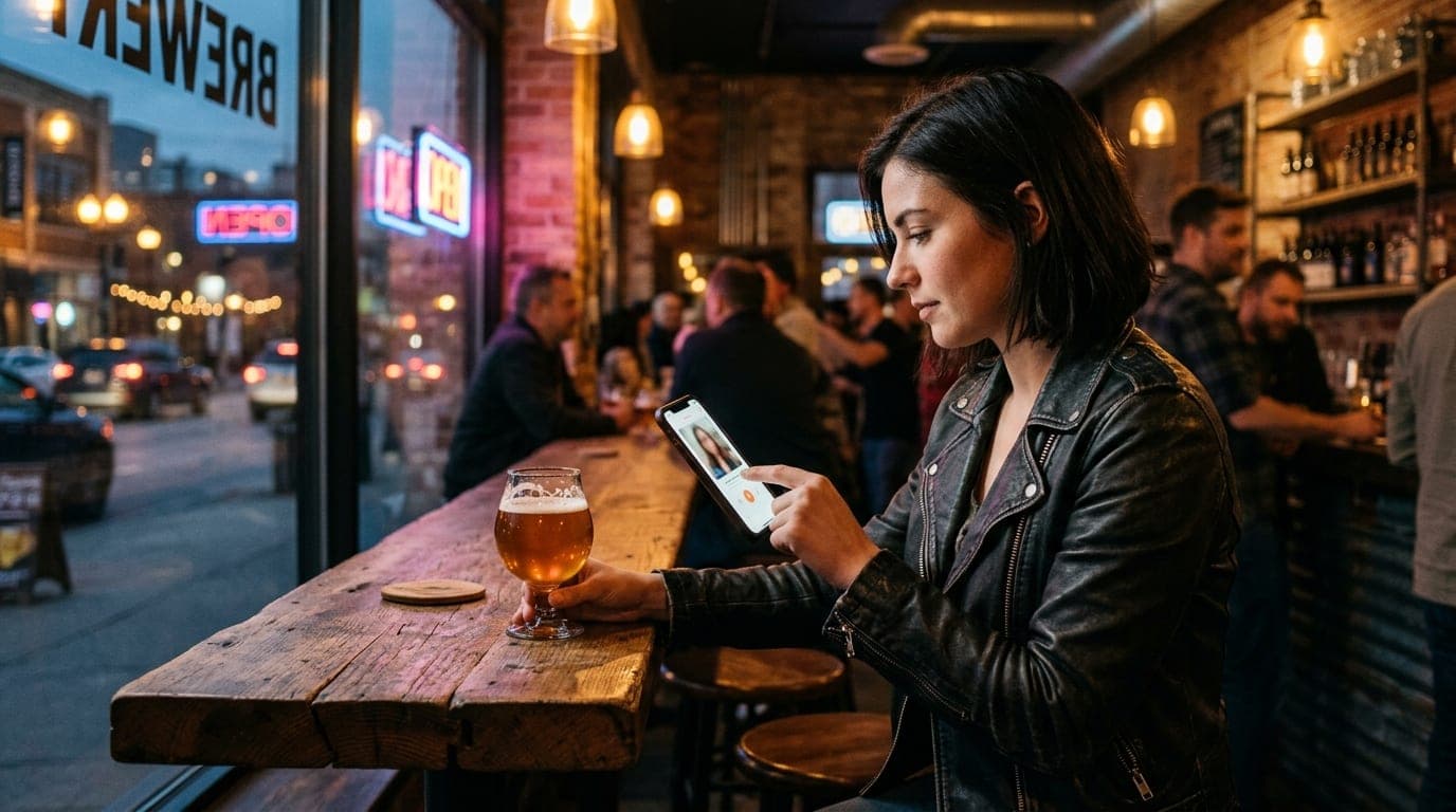35mm documentary shot, rule-of-thirds offset right. A woman in a black leather jacket sits at a wooden bar inside a brewer...