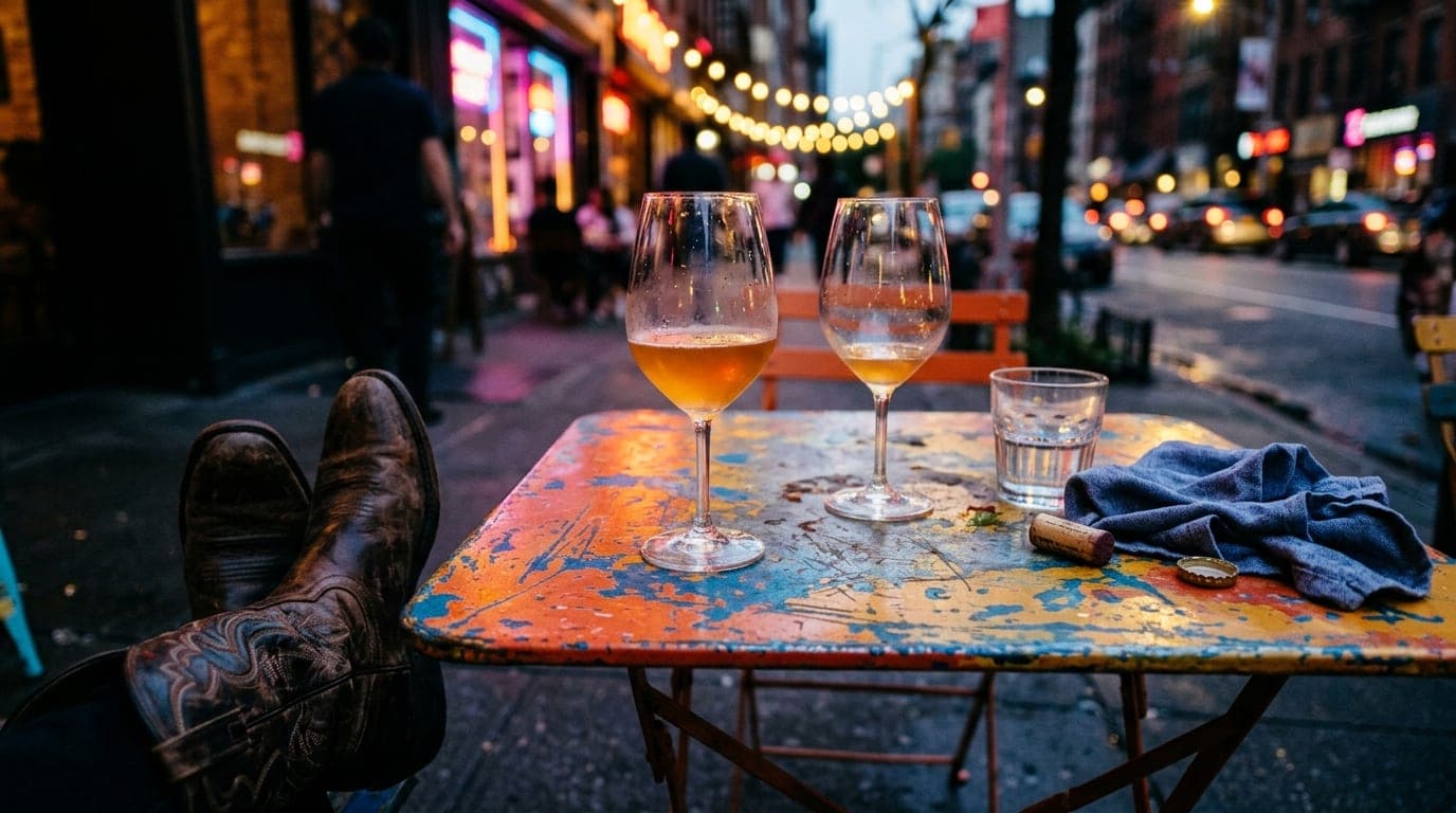 An overhead flat-lay of two half-empty glasses of natural wine resting on a colorful metal bistro table at Cosmic Coffee,...