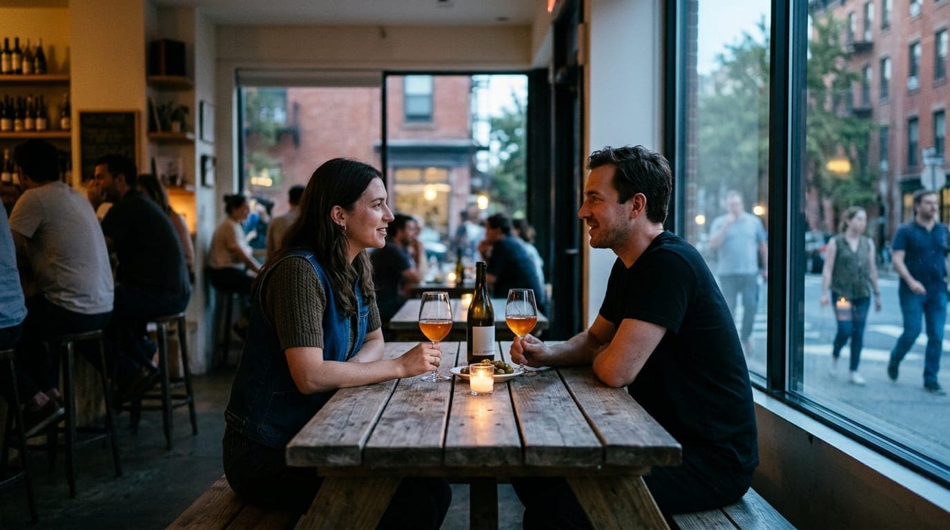 A couple sits at a weathered picnic table inside LoLo Wine at dusk. A woman in a denim vest and a man in a black t-shirt s...