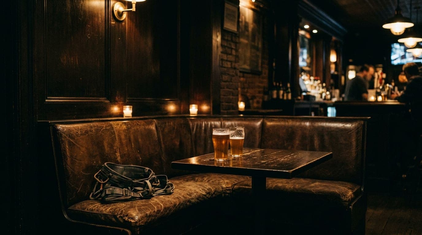 A wide shot of a rugged, weathered leather booth in a dimly lit, vintage dive bar. A worn climbing harness sits discarded...