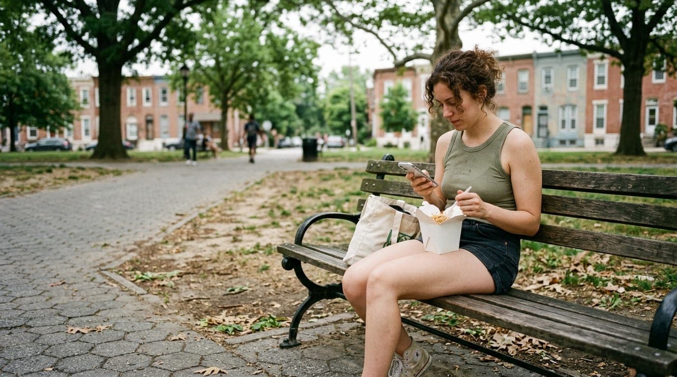 A 35mm documentary shot, rule-of-thirds offset right, shows a person in a cotton tank top sitting on a Patterson Park benc...
