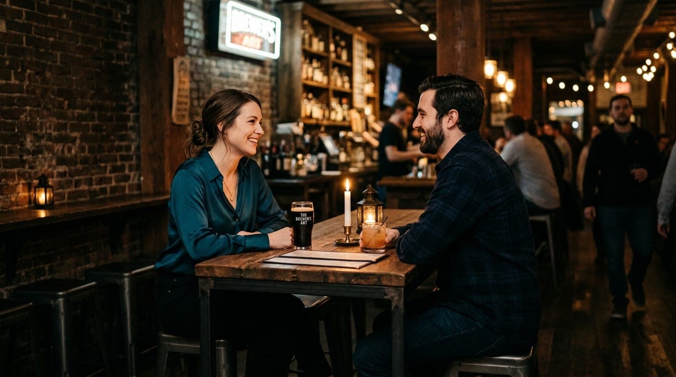 A couple sits at a candlelit high-top inside the moody, exposed-brick basement of The Brewer’s Art. She wears a silk blous...