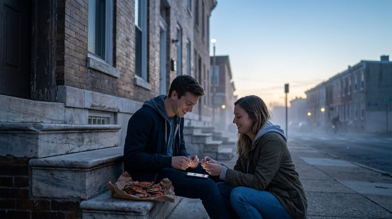 A low-angle shot captures a weathered rowhouse stoop at night. A couple sits on the marble steps, sharing a container of s...