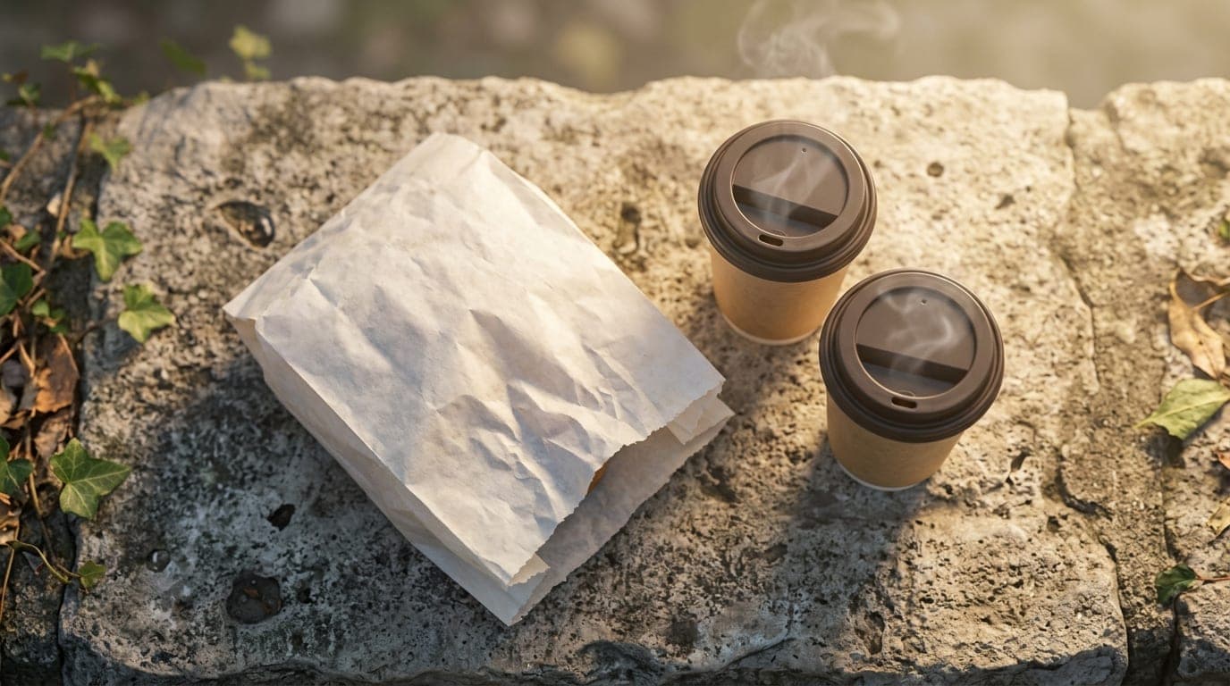 A 100mm macro overhead flat-lay captures a crinkled white bakery bag from Buns and Roses and two steaming paper coffee cup...