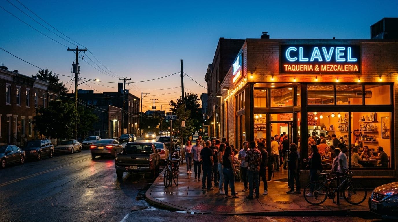 A wide, eye-level 35mm shot captures the bustling, neon-lit facade of Clavel in Remington at dusk. Warm tungsten light spi...
