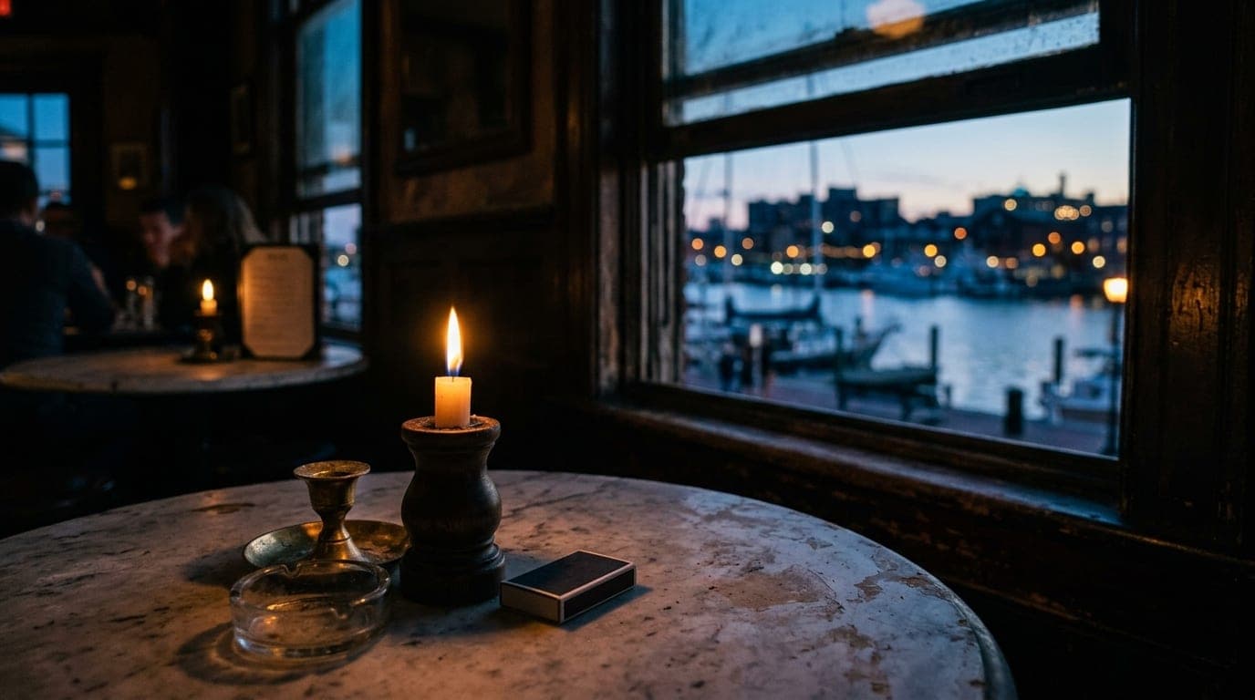 An 85mm medium shot captures a flickering candle on a weathered marble bistro table at The Elk Room, blurring the Fells Po...