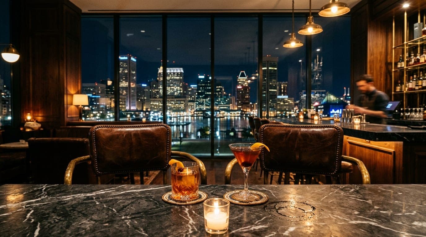 A low-angle, centered shot of two leather stools at a marble bar in Harbor Point. Two amber cocktails sit on beaded napkin...