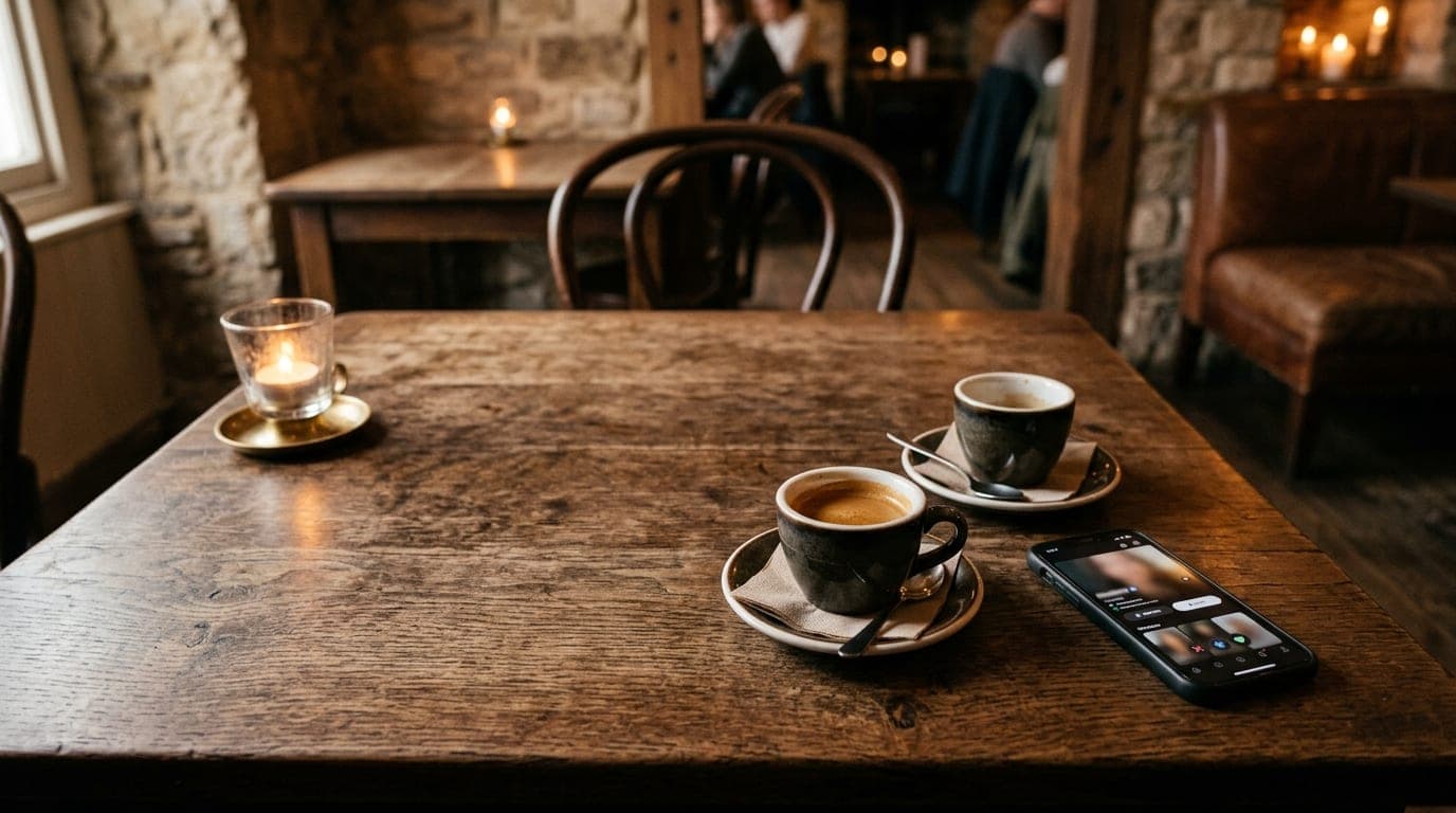 An overhead flat-lay of a wooden Mount Vernon cafe table. A smartphone showing a verified dating profile rests beside two...