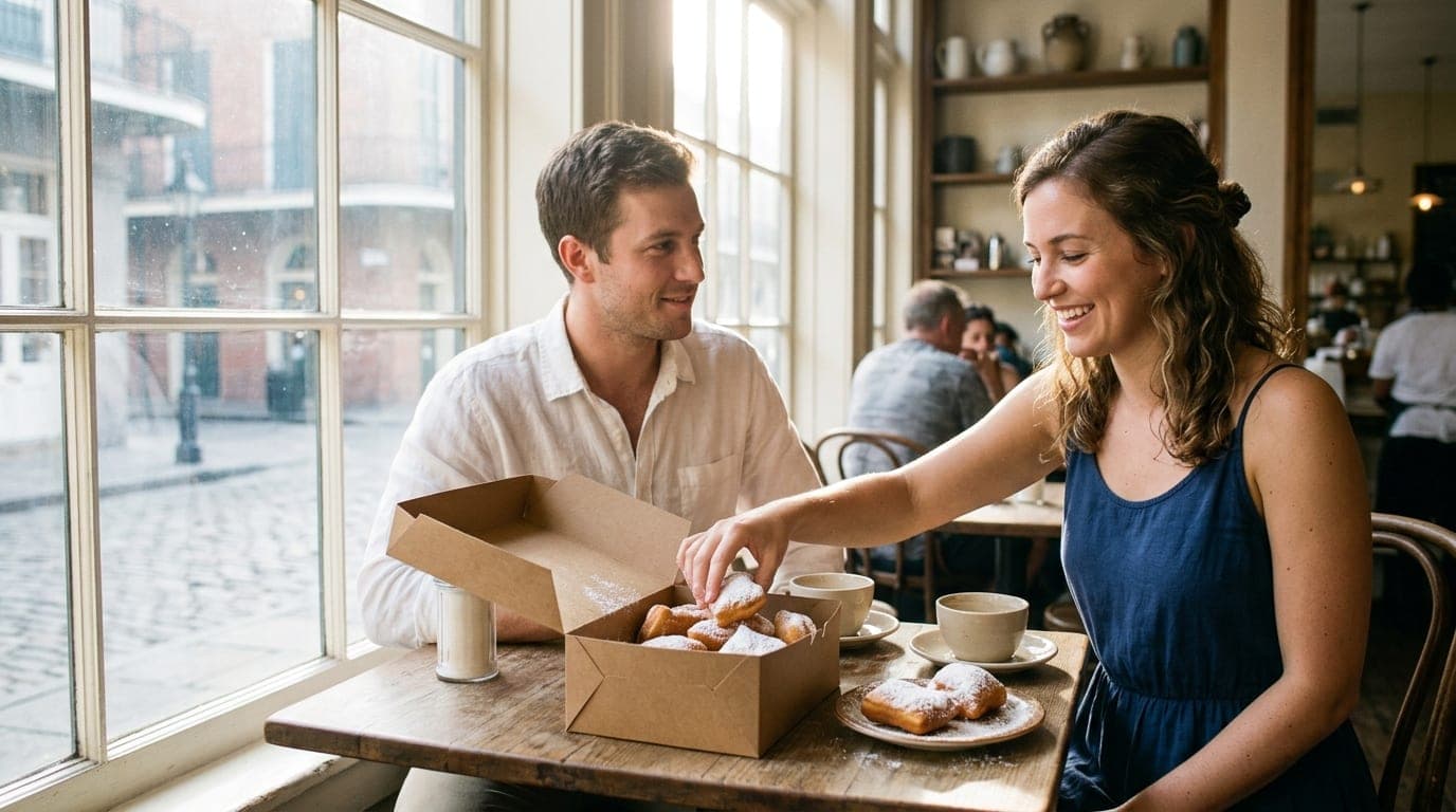 A man in a simple white linen shirt sits at a sun-drenched Mid City cafe table, sharing a box of warm beignets with a woma...