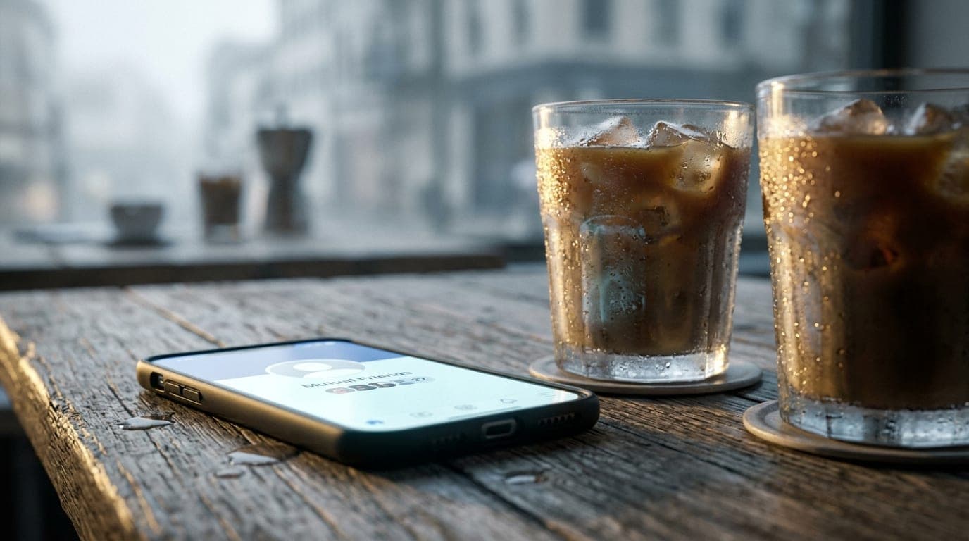 An extreme close-up of a glowing smartphone screen on a rustic wooden table showing a social media mutual friend count, be...