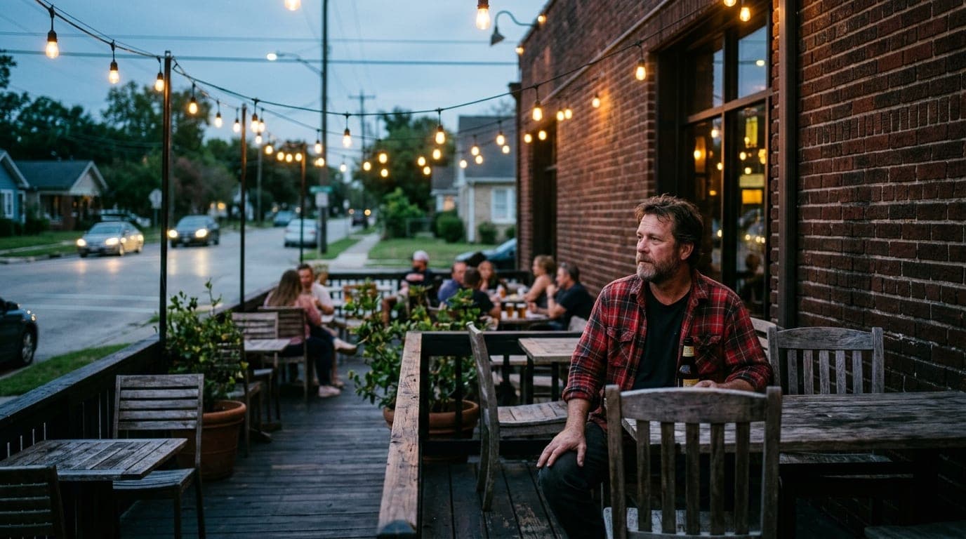 A wide 35mm shot of a man in a flannel shirt sitting on a weathered Little Woodrow’s patio at dusk, illuminated by warm tu...
