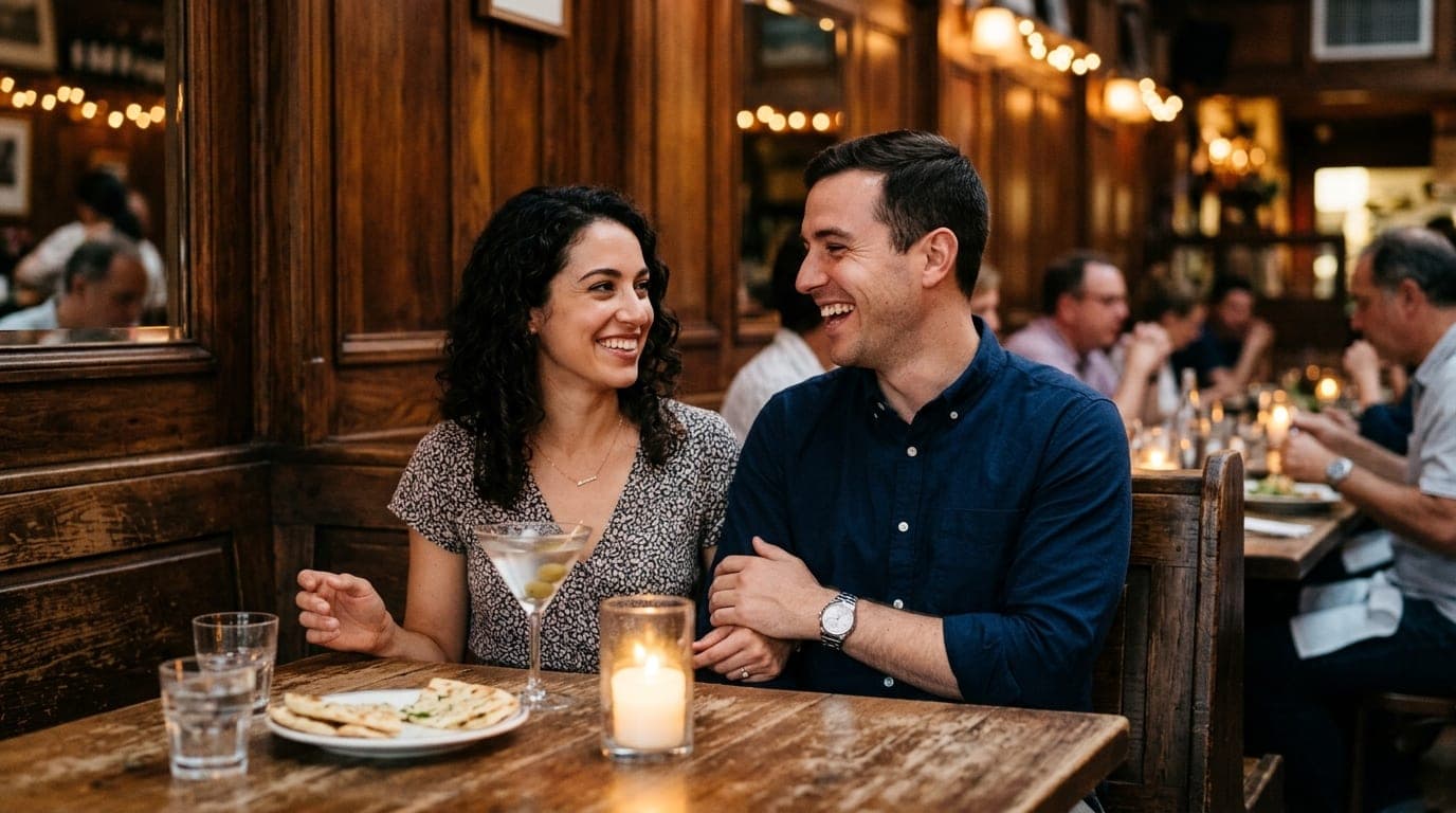 A couple in casual date attire sits at a Madison’s on Dowlen booth. Warm candlelight illuminates them; a martini glass sit...