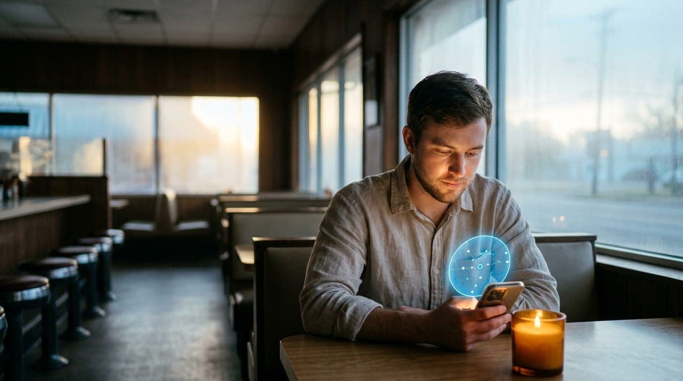 A man in a linen shirt sits at a candle-lit corner table in a quiet Beaumont diner, his smartphone screen showing a map in...
