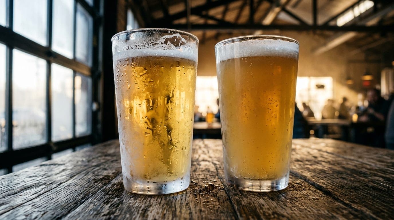 A 100mm macro shot captures two frosted pint glasses sitting on a weathered wooden table at Struggle Street Brewing. Noon...
