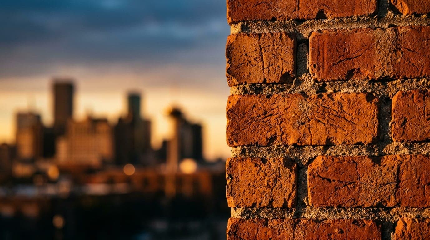 An extreme macro shot captures the intricate, weathered orange brickwork of a historic Beaumont building at golden hour, w...