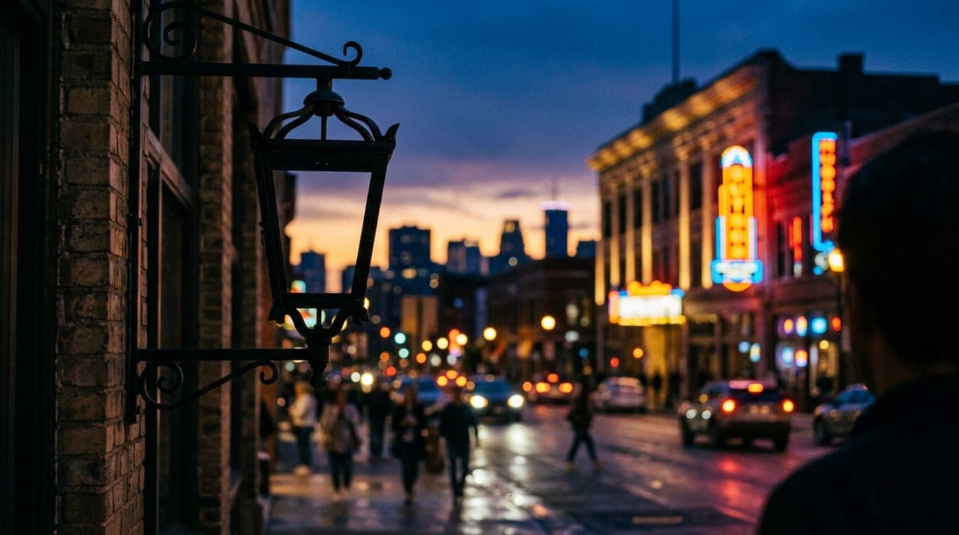The illuminated neon signage of a historic downtown building glows against a deep indigo sky at dusk, softly blurred, with...